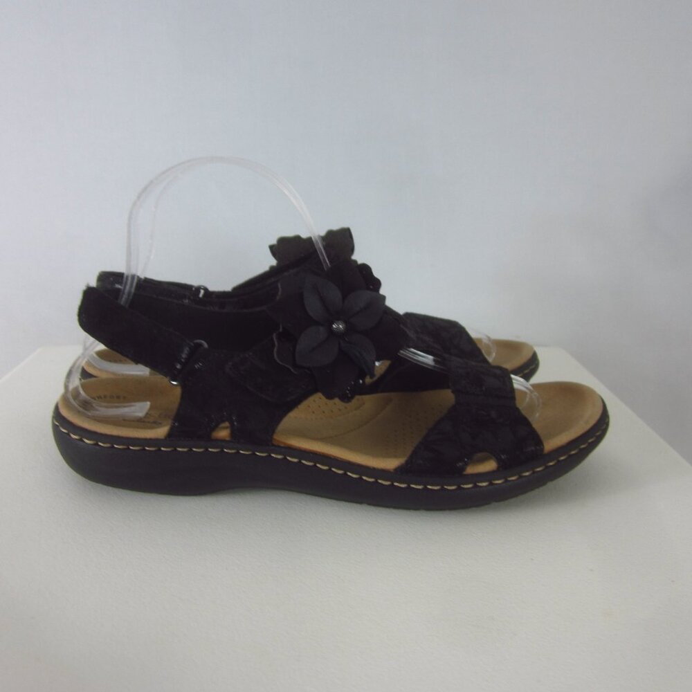 New Clarks Laurieann Bea Women 8.5 M Black Leather Floral Ankle Strap Sandals - Picture 4 of 15
